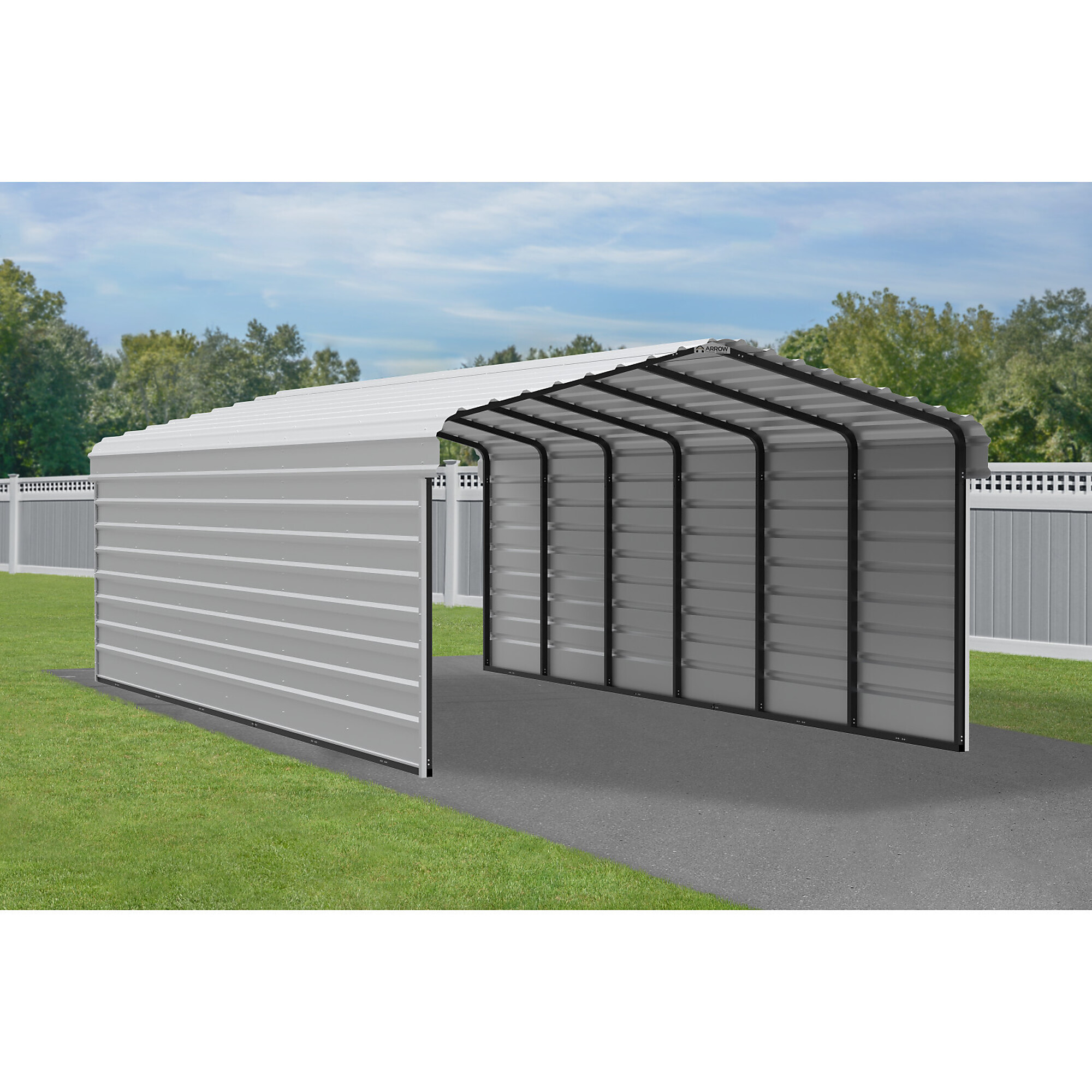 Arrow, Steel Carport w/ 2 Side Wall Kits 12X29X7 Width 146 in, Height 102 in, Cover Material Steel, Model# CPH122907ECL2